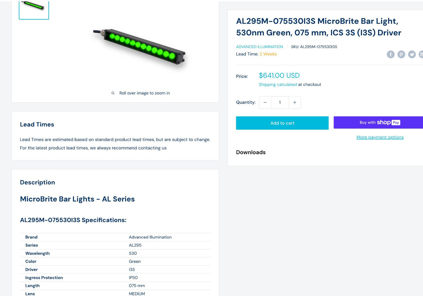 Advanced Illumination Machine Vision Led Light Bar AL295-150530C1D-3M