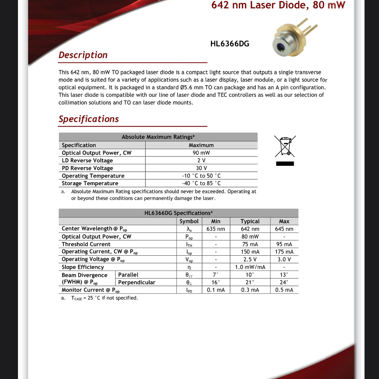 Thorlabs HL6366DG Laser Diode 642nm 80mW Ø5.6mm A Pin Code – New