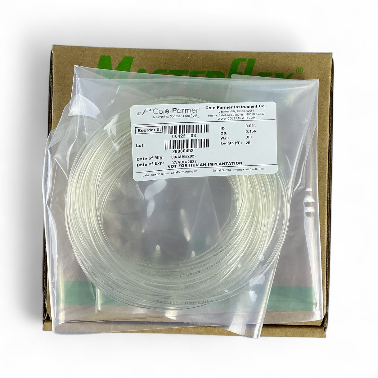 Cole-Parmer MasterFlex Transfer Tubing Clear C-Flex 25ft 06422-03 - New