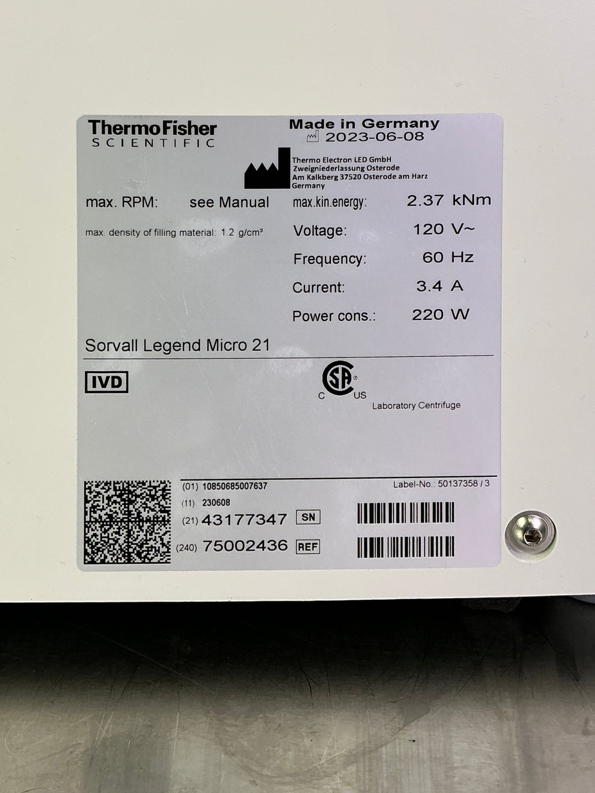 Thermo Scientific Sorvall Legend Micro 21 Benchtop Centrifuge 75002436 & 75003424 Rotor | Mr. Scientific - Image 14