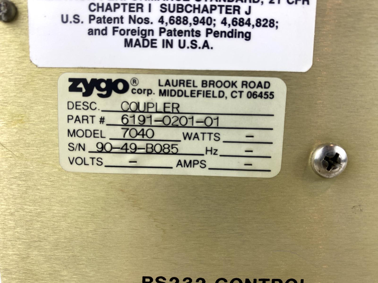 Zygo Axiom 2/20 Coupler 6191-0201-01