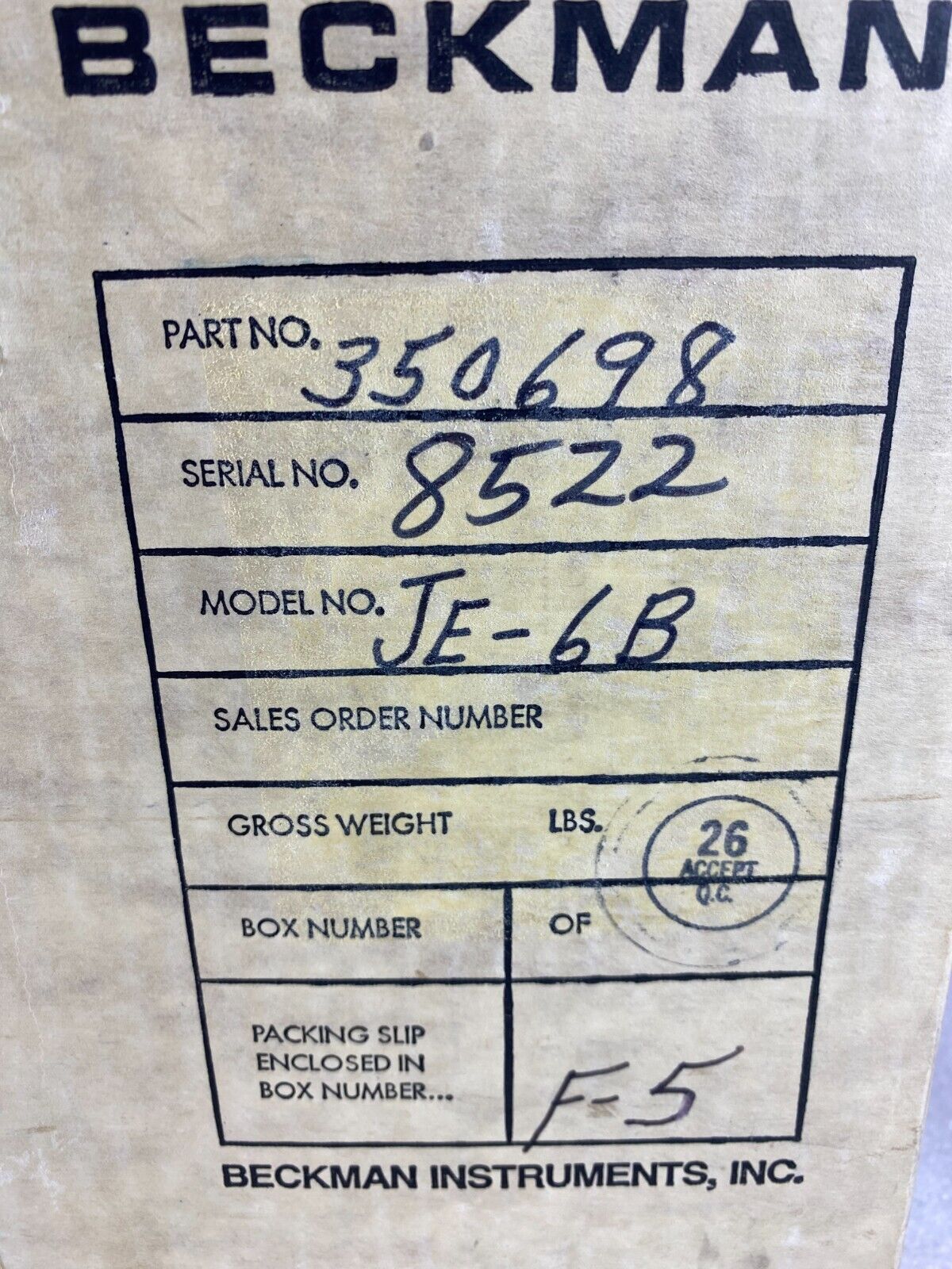 Beckman JE-6B Elutriation Rotor – 6000 RPM Centrifuge Rotor (Model 350698)