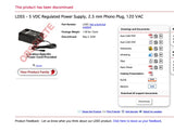 Thorlabs LDS5 - 5 VDC Regulated Power Supply, 2.5 mm Phono Plug, 120 VAC