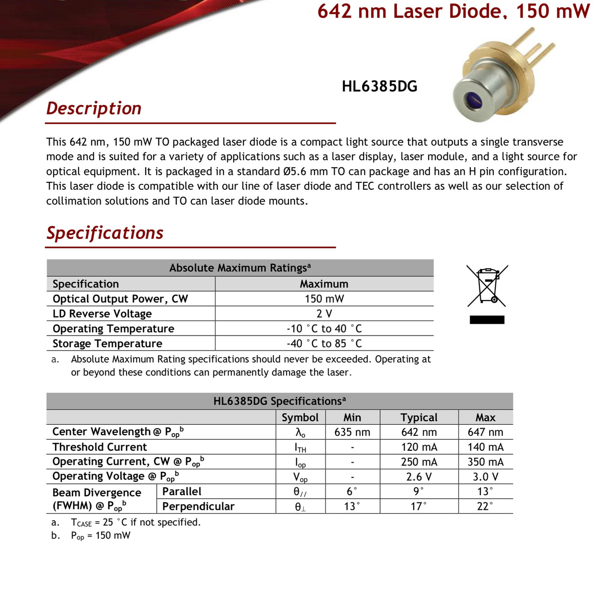 Thorlabs HL6385DG 642nm 150mW Laser Diode - New