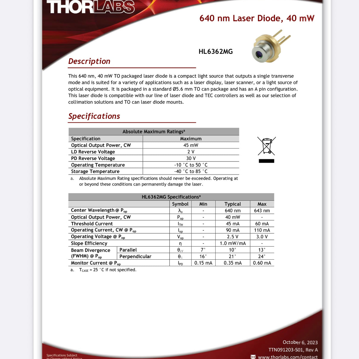 Thorlabs HL6362MG 640nm 40mW Ø5.6mm A-Pin Code Laser Diode NEW