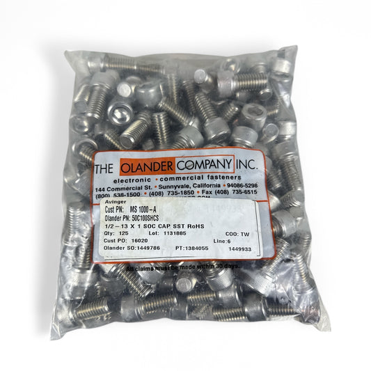 Lot 125 Olander 1/2"-13 x 1" Socket Head Cap Screws – Stainless Steel, RoHS, New