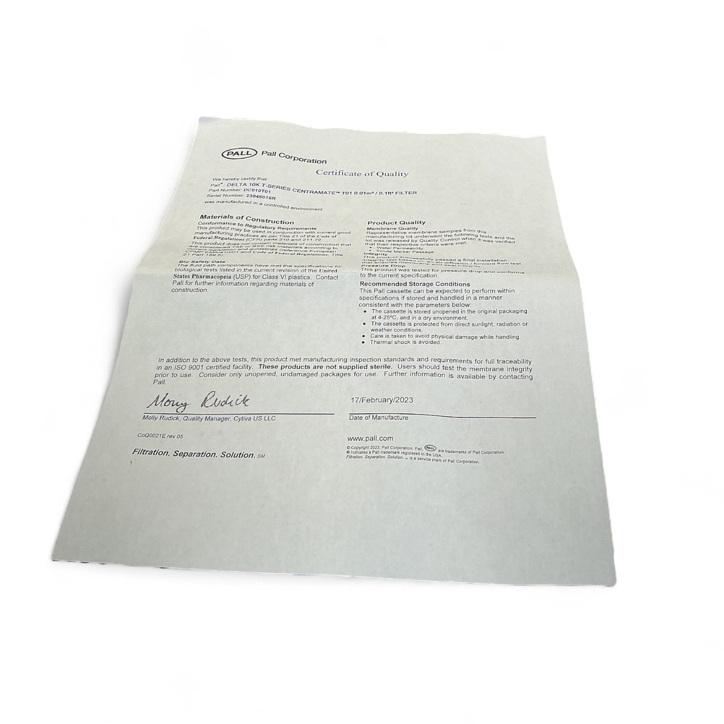 Pall Centramate T-Series Cassette 0.5 m² D0C010T01 – 2023 w/ Certificate & Gasket Kit – New Sealed