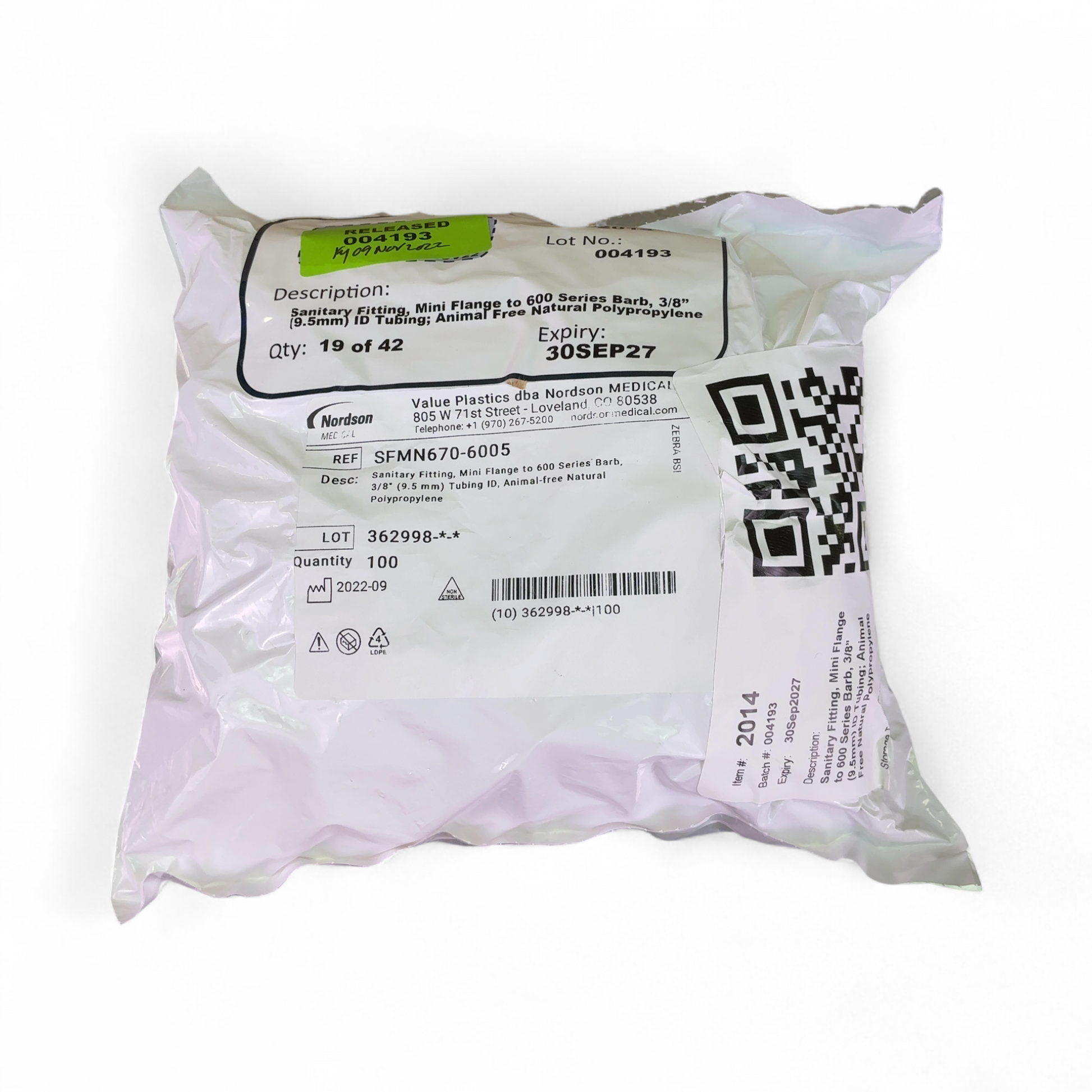 Nordson Medical Mini Flange to 600 Series Barb Sanitary Fittings SFMN670-6005, 600/cs (BO!) | Safe & Secure Shipping - Image 2