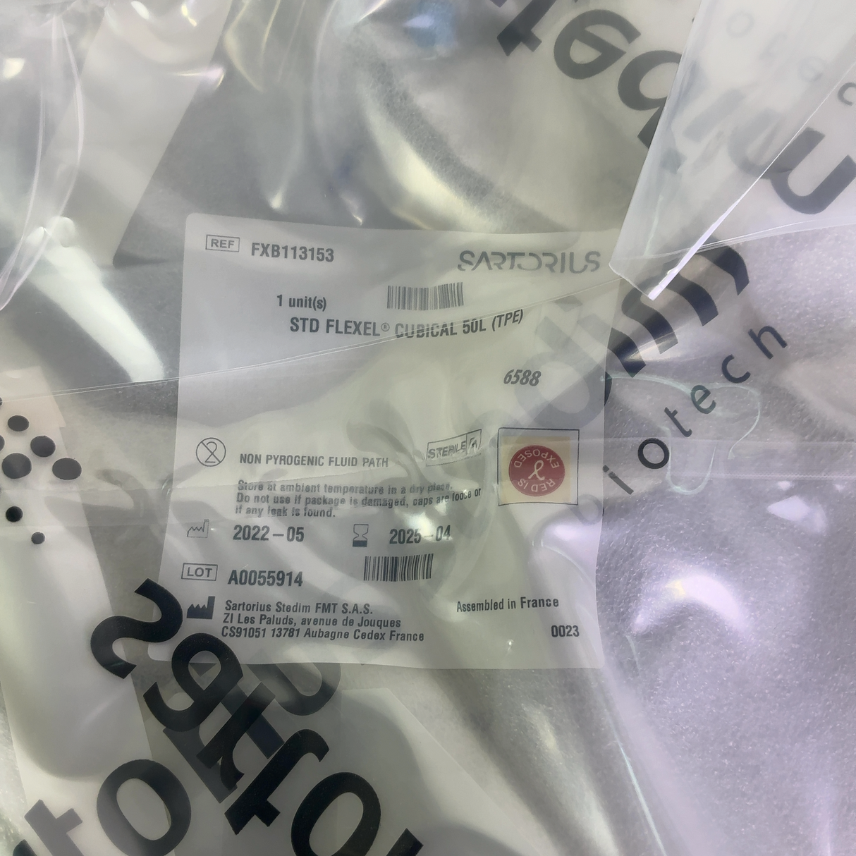 Sartorius STD FLEXEL Cubical 50L - 4x Units FXB113153 Bioprocess Bag, EXP: 2025-04 | Mr. Scientific - Image 3